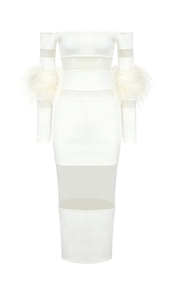 BANDAGE OFF-SHOULDER FEATHER MIDI DRESS IN WHITE styleofcb 