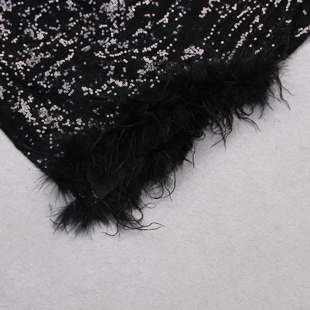 BLACK SEQUIN FEATHER TRIM BLAZER DRESS-Dresses-Oh CICI SHOP