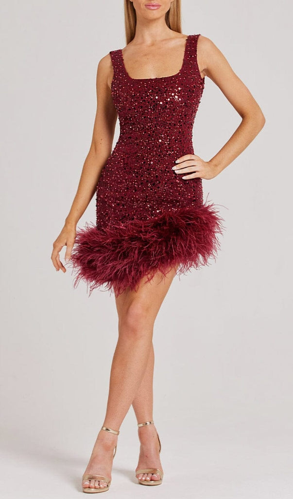 RED FEATHER SEQUIN DRESS-Oh CICI SHOP