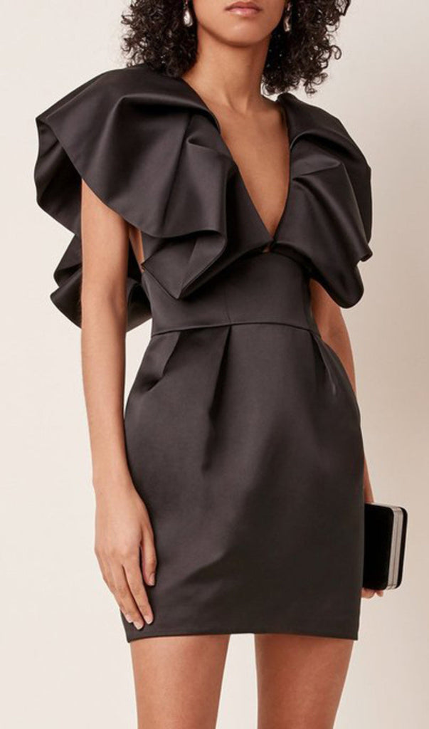 DEEP V THREE-DIMENSIONAL SHOULDER DESIGN DRESS IN BLACK-Oh CICI SHOP