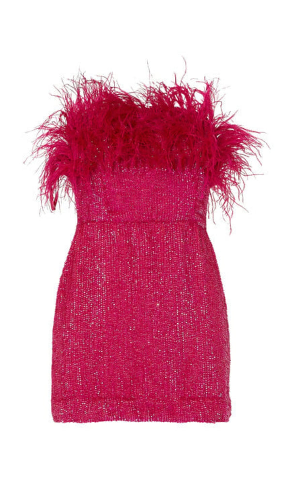 SEQUIN FEATHER STRAPLESS MINI DRESS IN HOT PINK-Oh CICI SHOP