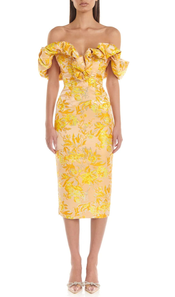 JACQUARD OFF SHOULDER MIDI DRESS IN YELLOW-Oh CICI SHOP
