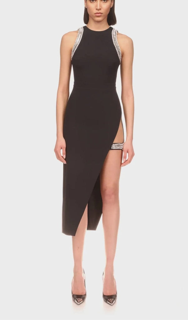 CRYSTAL SPLIT MIDI DRESS IN BLACK DRESS OH CICI 