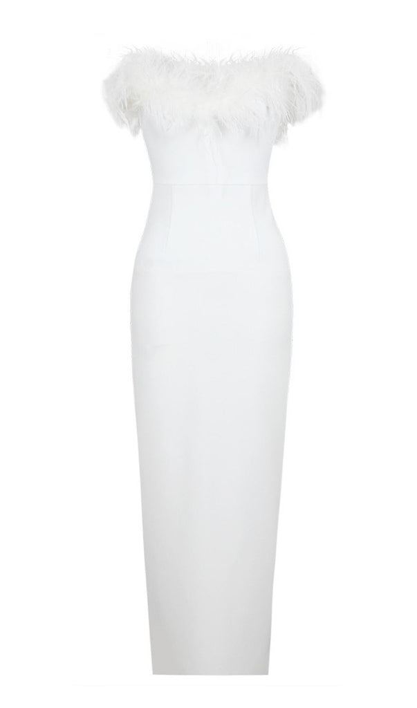 FEATHER BODYCON MAXI DRESS IN WHITE-Dresses-Oh CICI SHOP