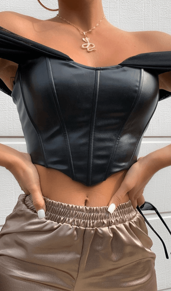 BLACK LEATHER STRAPLESS CORSET TOP-Shirts & Tops-Oh CICI SHOP