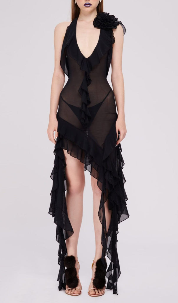 PLUNGING NECKLINE RUFFLE DRESS IN BLACK styleofcb 