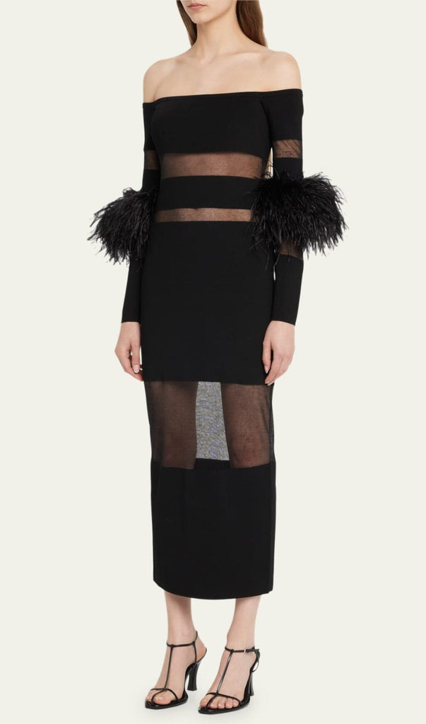 BANDAGE OFF-SHOULDER FEATHER MIDI DRESS IN BLACK styleofcb 