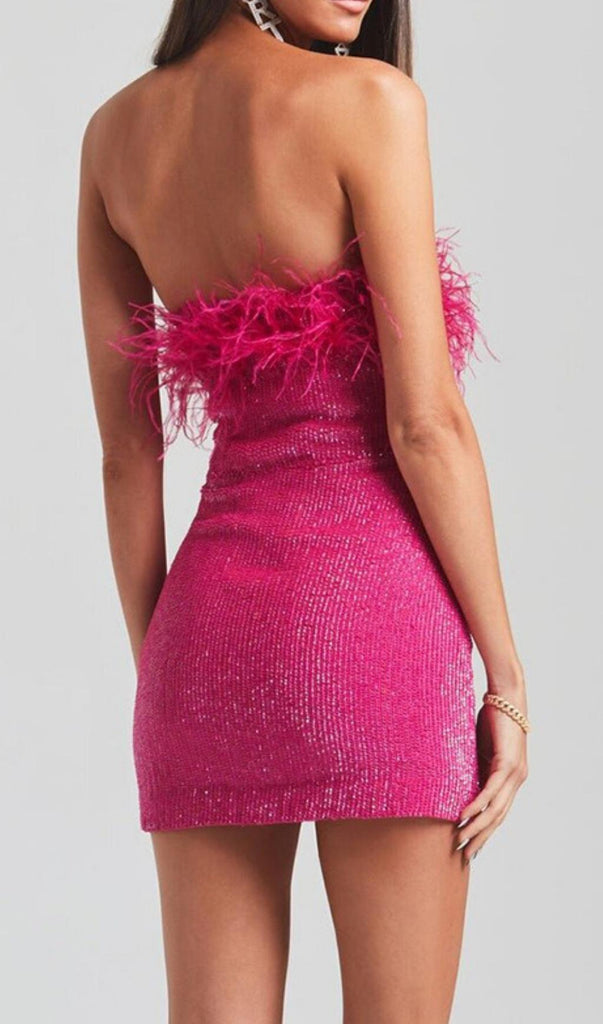 SEQUIN FEATHER STRAPLESS MINI DRESS IN HOT PINK-Oh CICI SHOP
