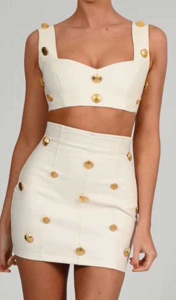 LEATHER BUTTON TWO PIECES SUIT IN WHITE-Oh CICI SHOP