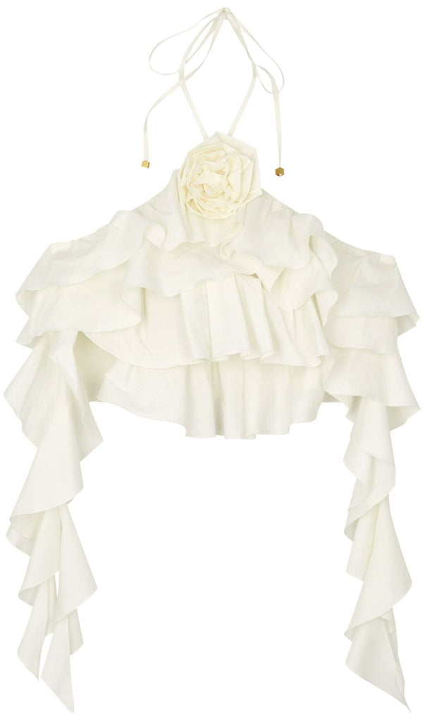 RUFFLE-DETAIL HALTER CROP TOP IN WHITE DRESS oh cici 