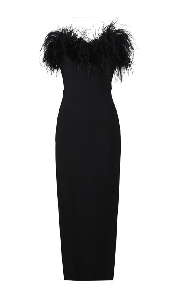 FEATHER BODYCON MAXI DRESS IN BLACK-Dresses-Oh CICI SHOP