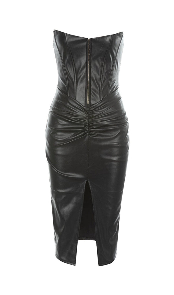 LEATHER STRAPLESS MIDI DRESS IN BLACK-Oh CICI SHOP
