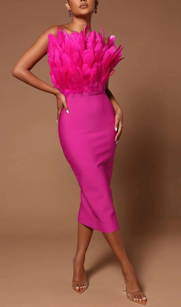 SLEEVELESS BACKLESS FEATHER-DECORATED SLIM MIDI DRESS IN PINK-Oh CICI SHOP