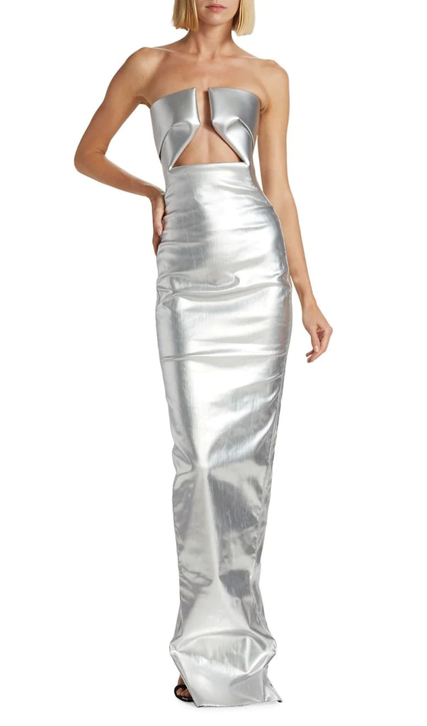 FAUX LEATHER STRAPLESS MAXI DRESS IN SILVER-dresses-Oh CICI SHOP