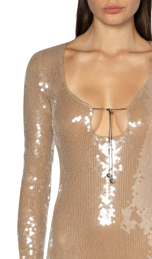 SEQUINED WITH LONG SLEEVES AND BACKLESS DRESS IN KHAKI-Oh CICI SHOP