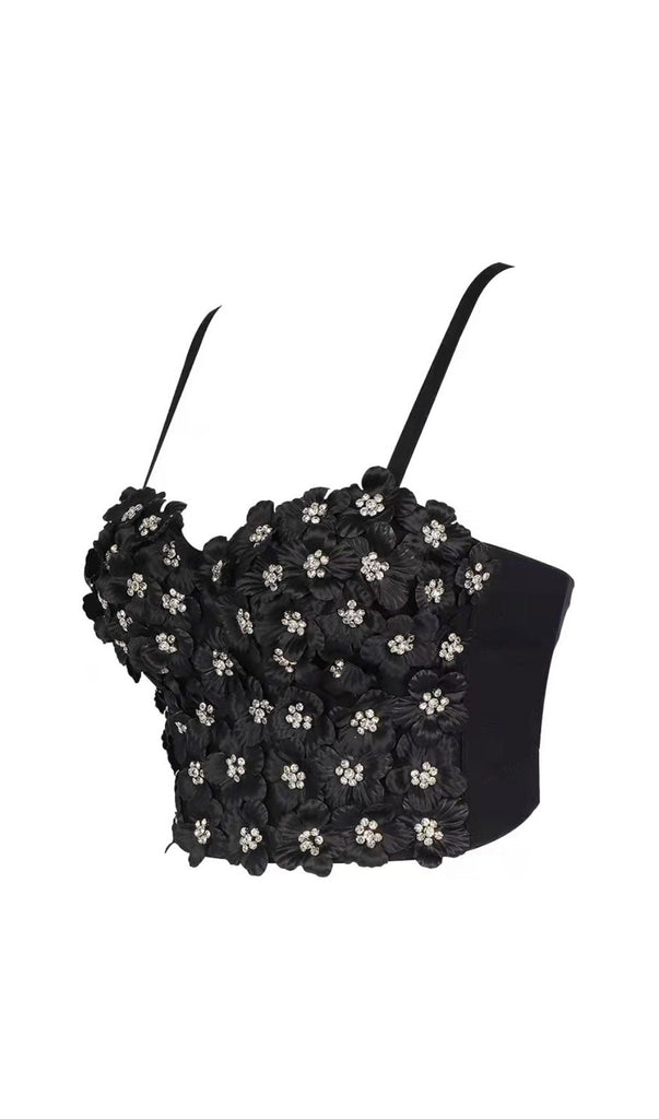 BLACK FLOWER CRYSTAL TOP-Shirts & Tops-Oh CICI SHOP