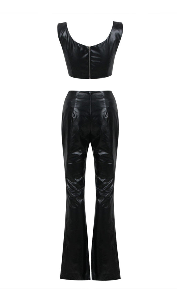 CRYSTAL EMBELLISHMENTS LEATHER TWO PIECE SUIT IN BLACK styleofcb 