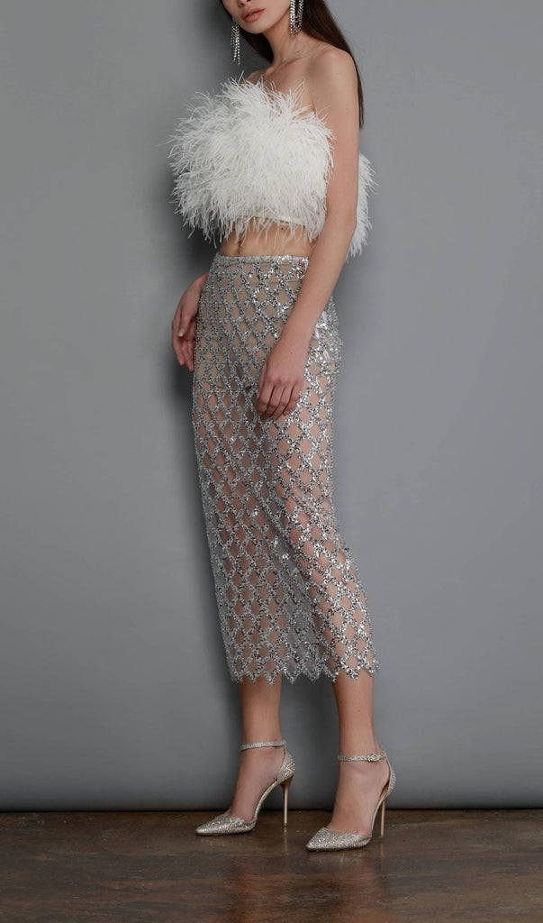 FEATHER SEQUIN TWO PIECE SET IN WHITE-Oh CICI SHOP