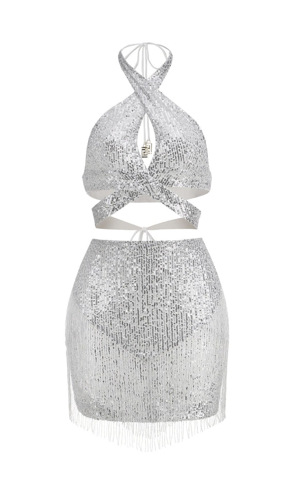 SEQUIN TASSEL BACKLESS MINI DRESS IN SILVER-Oh CICI SHOP