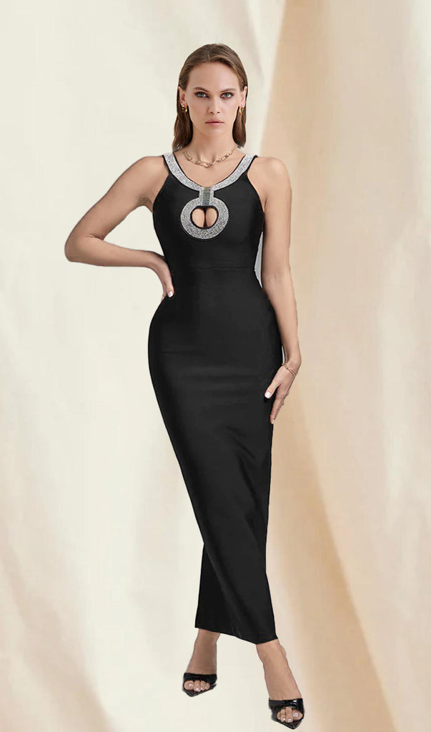 BLACK CRYSTAL CUTOUT MAXI BANDAGE DRESS-Dresses-Oh CICI SHOP