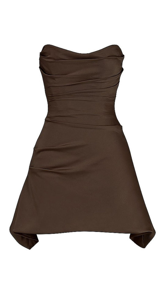 SATIN PLEATED STRAPLESS MINI DRESS IN BROWN-Dresses-Oh CICI SHOP