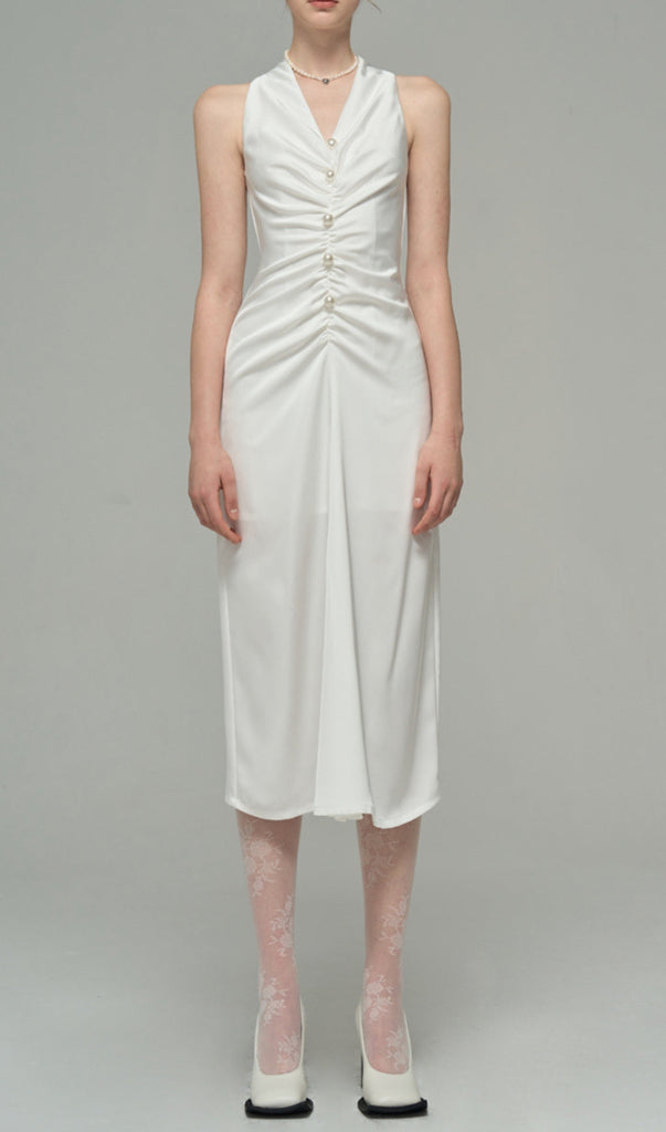 SATIN PEARL DECORATIVE DRESS IN WHITE-Oh CICI SHOP