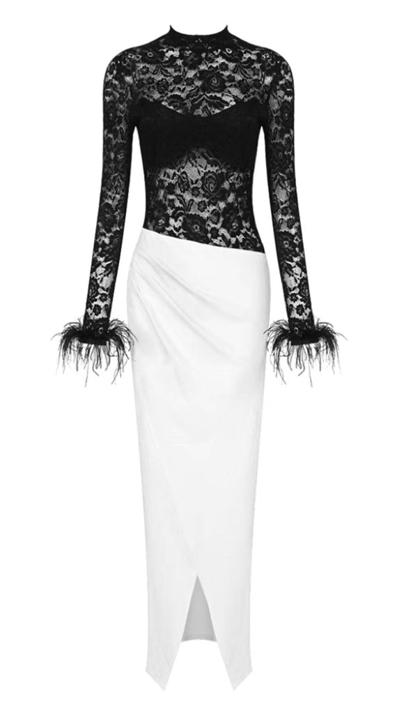 SPLICED LACE FEATHER SLIT DRESS IN BLACK AND WHITE-Oh CICI SHOP