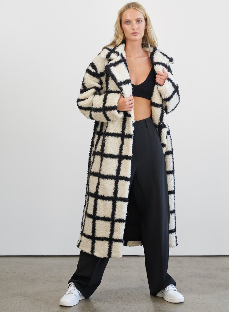 Nina Faux Fur Check Coat Cream And Black-Coats & Jackets-Oh CICI SHOP