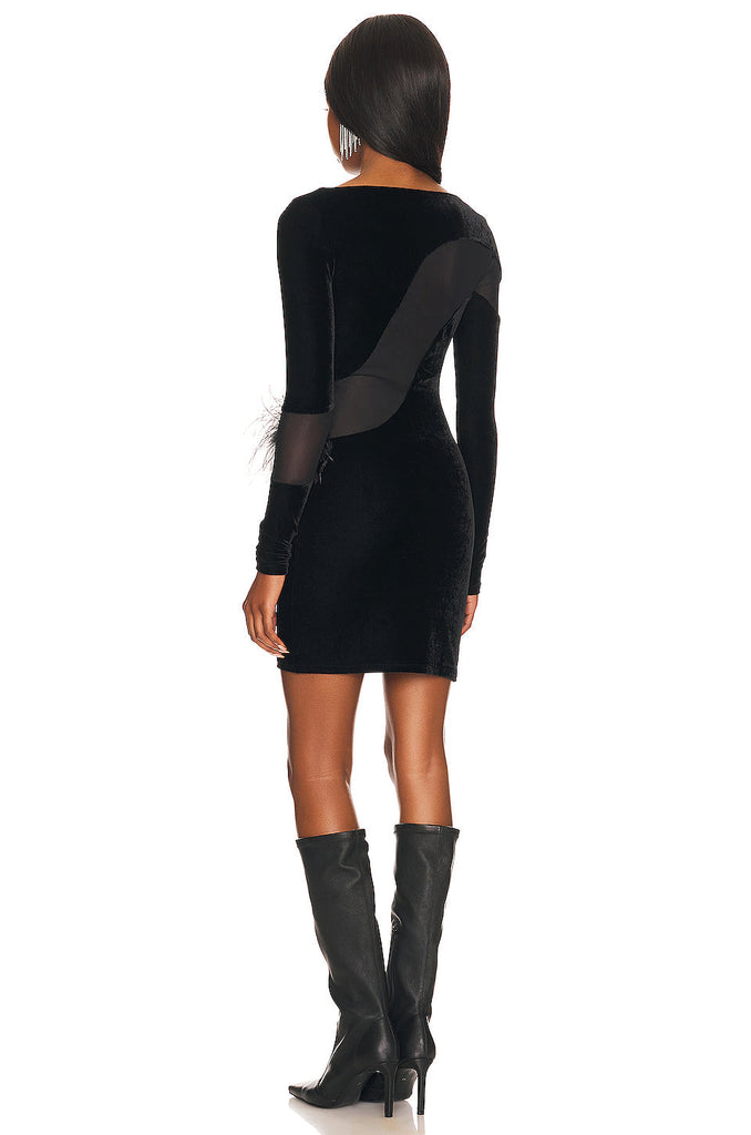 LONG SLEEVES FEATHER MINI DRESS IN BLACK-Dresses-Oh CICI SHOP