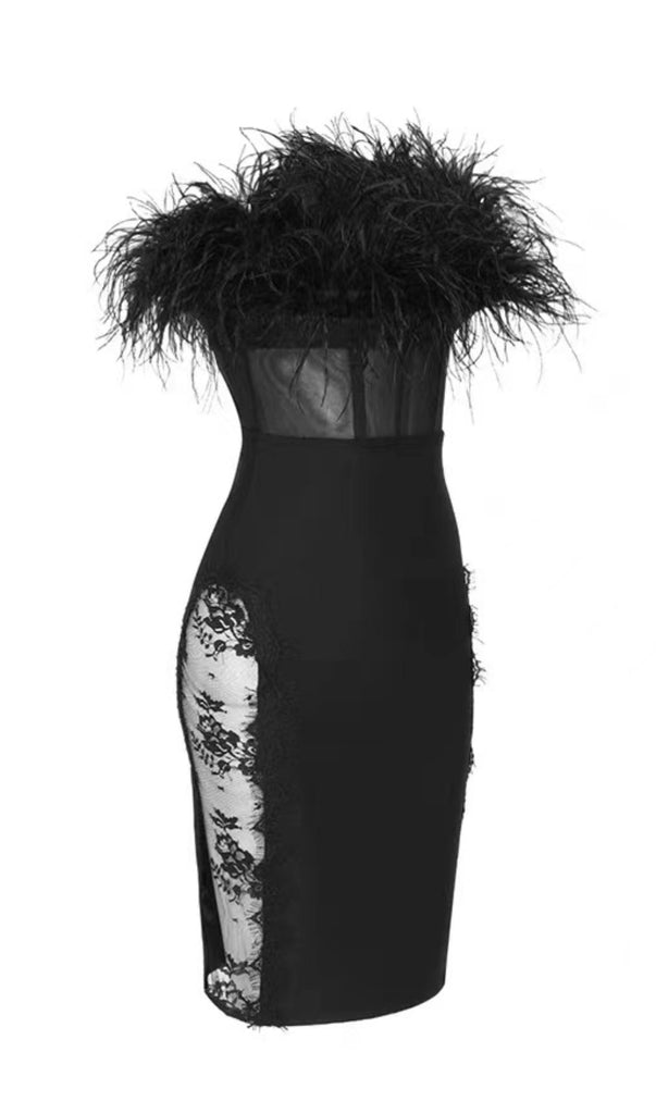 LACE FEATHER DRESS IN BLACK-Dresses-Oh CICI SHOP