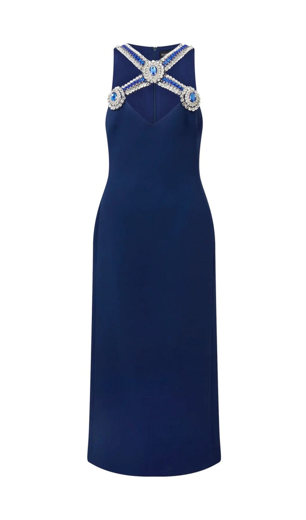 HALTER CRYSTAL MIDI DRESS IN DEEP SEA BLUE DRESS OH CICI 