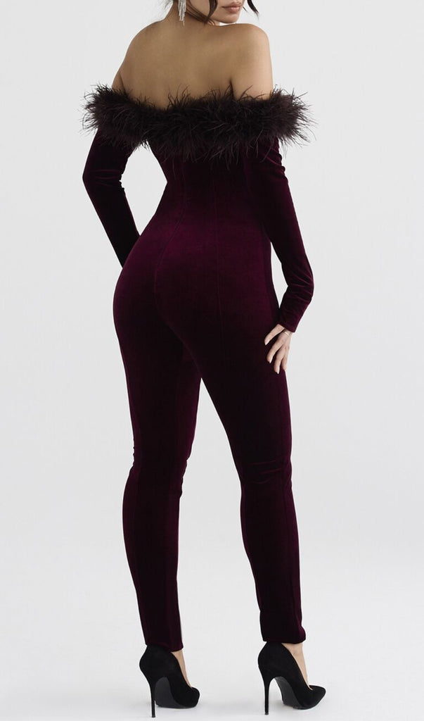 BLACK CHERRY VELVET JUMPSUIT-BODYSUITS & JUMPSUITS-Oh CICI SHOP