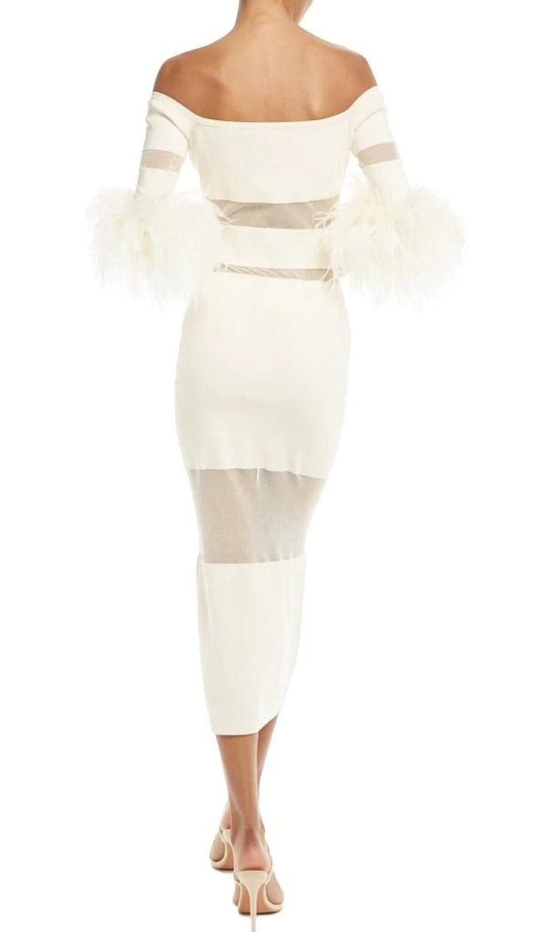 BANDAGE OFF-SHOULDER FEATHER MIDI DRESS IN WHITE styleofcb 