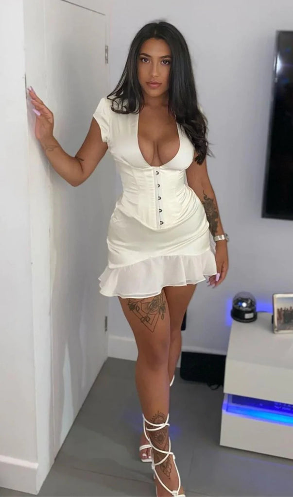 BODYCON V NECK MINI DRESS IN WHITE-Dresses-Oh CICI SHOP