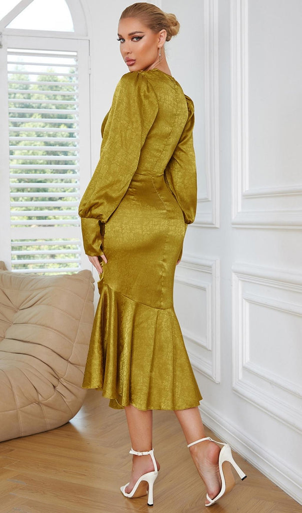 LONG SLEEVES RUCHED MIDI DRESS IN YELLOW-Dresses-Oh CICI SHOP