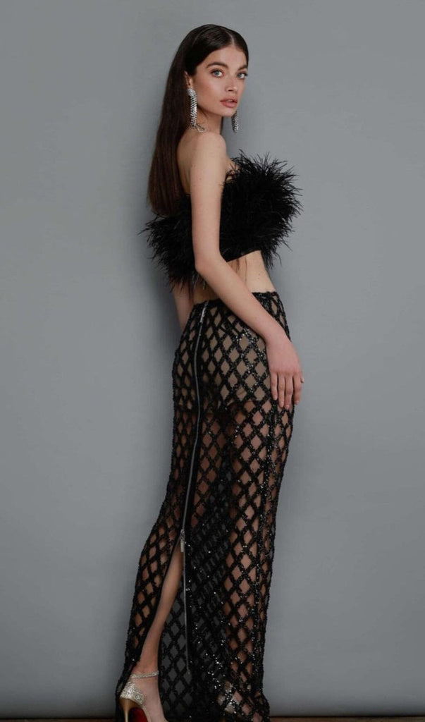 FEATHER SEQUIN TWO PIECE SET IN BLACK-Oh CICI SHOP