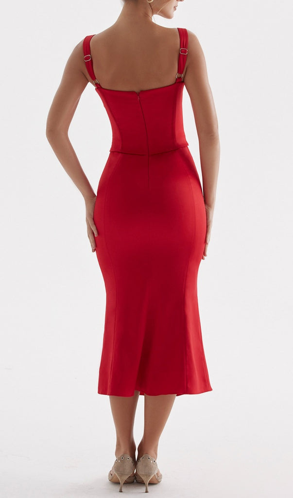 RED LACE UP CORSET MIDI DRESS-Oh CICI SHOP