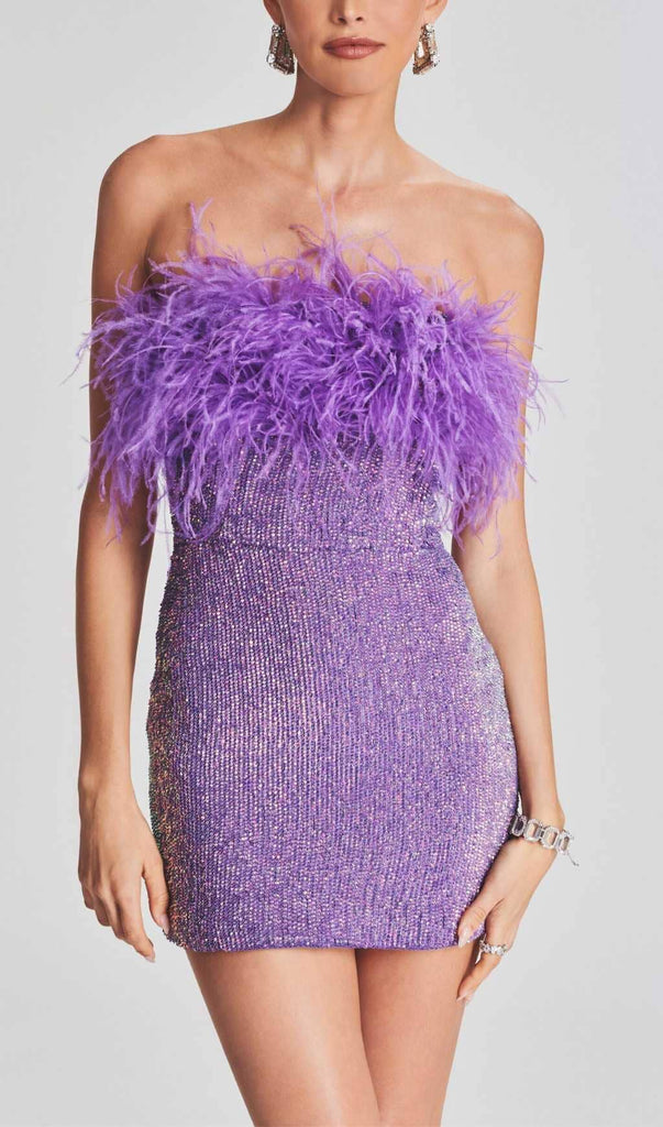 SEQUIN FEATHER STRAPLESS MINI DRESS IN PURPLE-Oh CICI SHOP