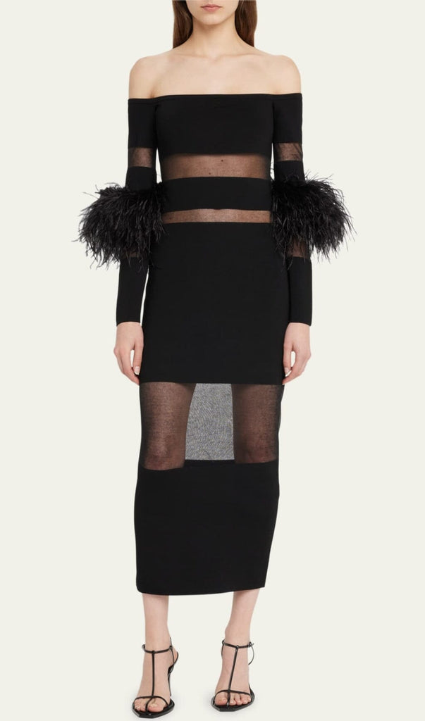 BANDAGE OFF-SHOULDER FEATHER MIDI DRESS IN BLACK styleofcb 