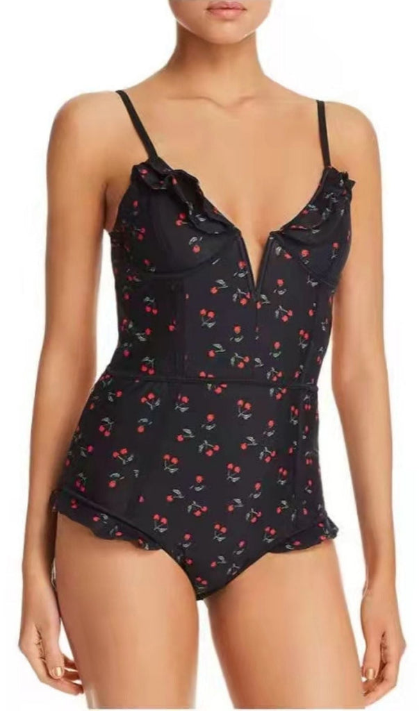CHERRY PLUNGE SWIMSUIT - BLACK-Swimsuits-Oh CICI SHOP
