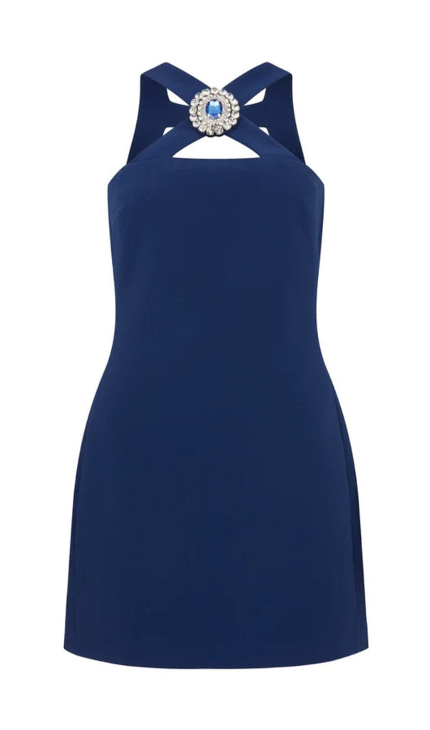 CRYSTAL-BROOCH CREPE MINI DRESS IN NAVY BLUE DRESS OH CICI 