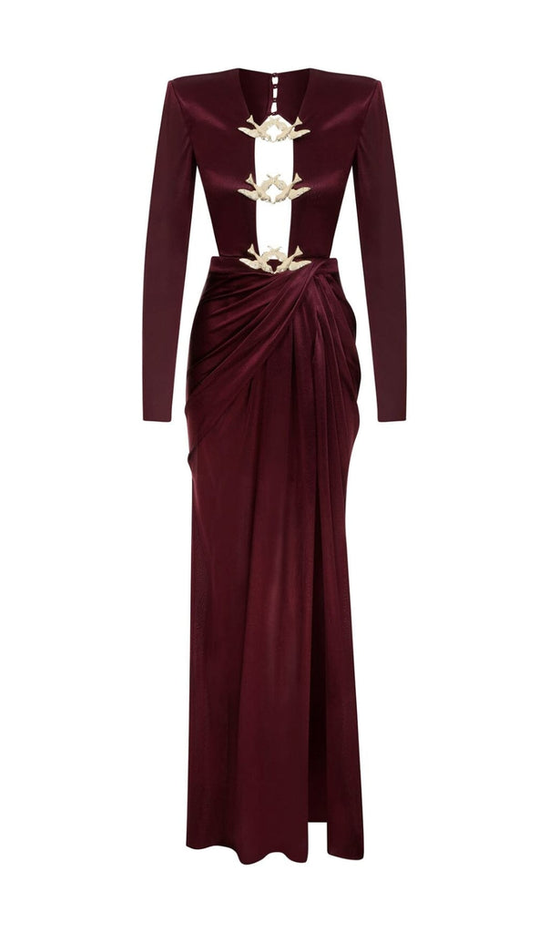 SATIN HOLLOW OUT LONG SLEEVE MAXI DRESS IN RED-Oh CICI SHOP