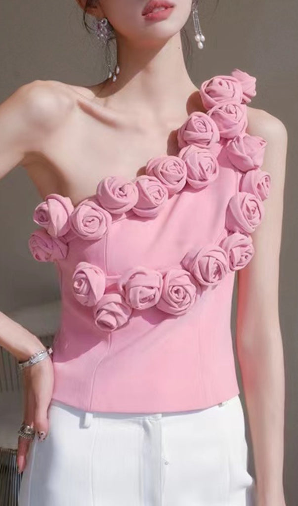 PINK ONE SHOULDER TOP WITH ROSES-Oh CICI SHOP