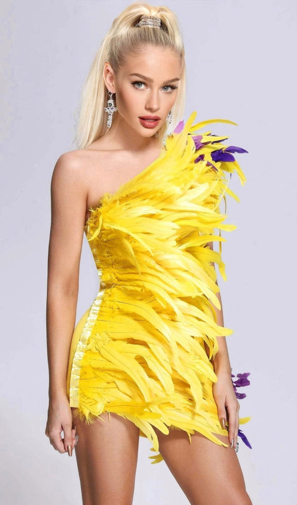ASYMMETRIC FEATHER MINI DRESS IN YELLOW-Dresses-Oh CICI SHOP