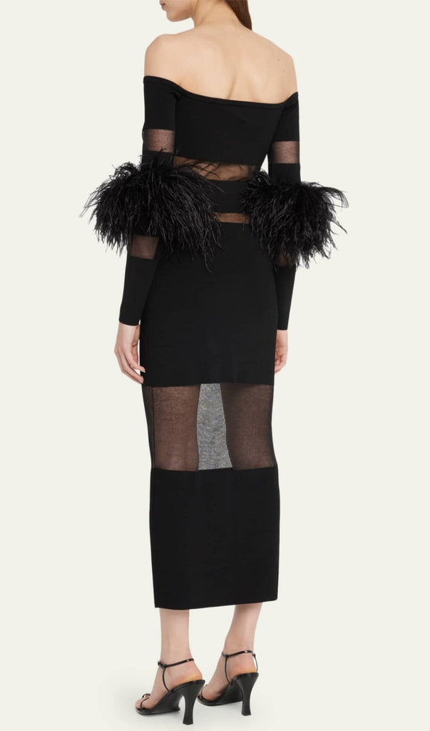 BANDAGE OFF-SHOULDER FEATHER MIDI DRESS IN BLACK styleofcb 