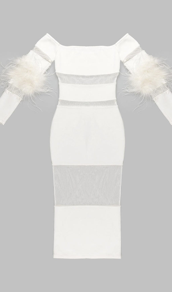 BANDAGE OFF-SHOULDER FEATHER MIDI DRESS IN WHITE styleofcb 