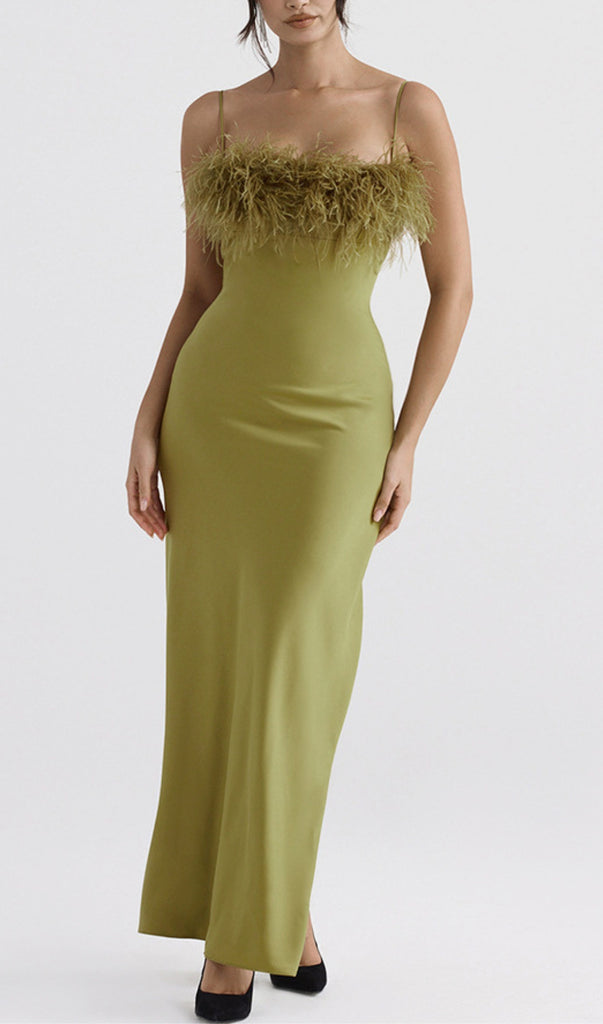 CHARTREUSE FEATHER MAXI DRESS-Oh CICI SHOP