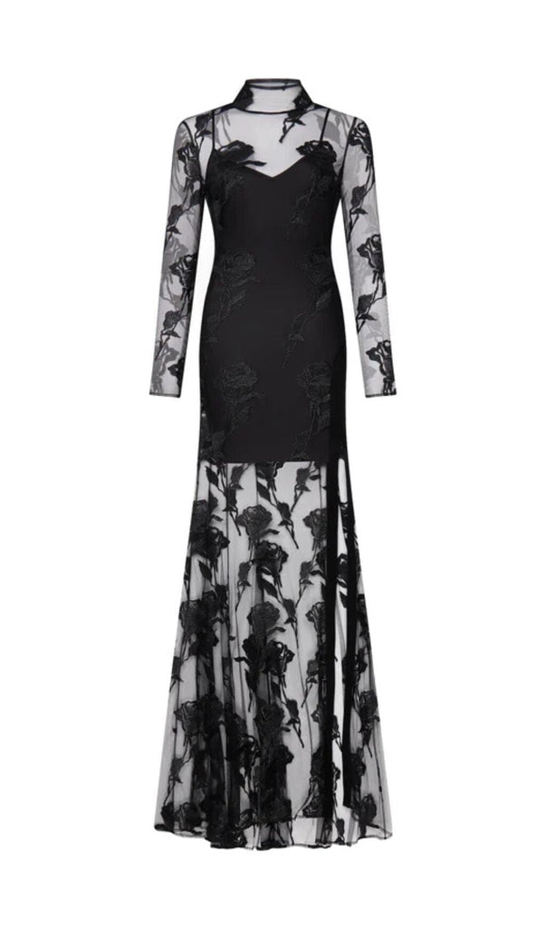 EMBROIDERED MESH FLORAL MAXI DRESS IN BLACK DRESS OH CICI 