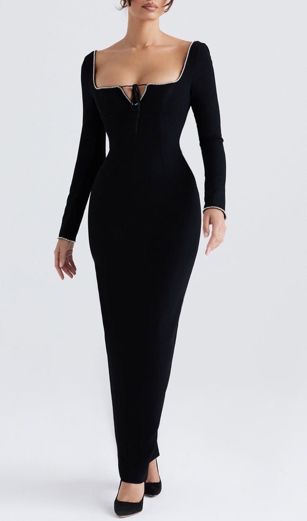 BLACK CRYSTAL EMBELLISHED MAXI DRESS-Dresses-Oh CICI SHOP
