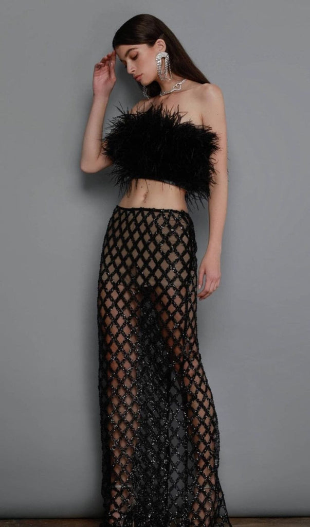 FEATHER SEQUIN TWO PIECE SET IN BLACK-Oh CICI SHOP